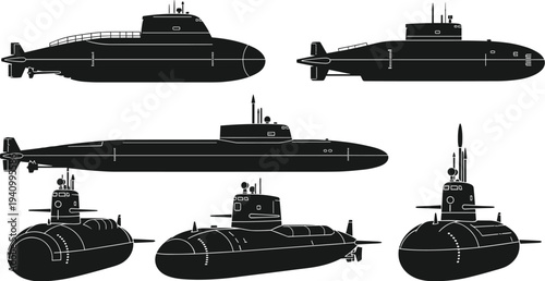 Military submarine silhouettes collection, naval underwater warships set, modern navy submarine vehicles isolated vector, maritime defense technology illustration