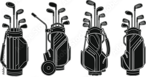 Golf bag equipment set illustration, golf clubs in bags silhouettes collection, professional golfing gear isolated vector sport accessory design