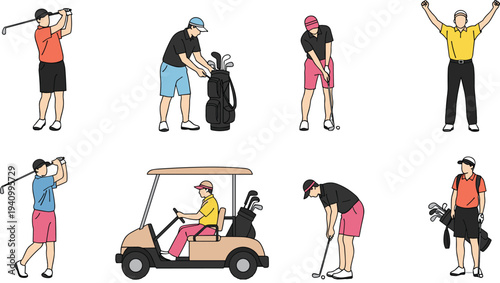 Golf players action set illustration, golfers swinging putting celebrating with golf cart, outdoor sport lifestyle characters isolated vector