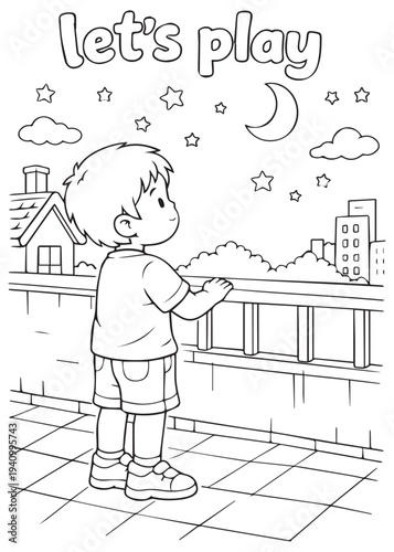 coloring book page boy gazing at the night sky and stars from the balcony