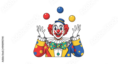 A jovial clown expertly juggles colorful spheres against a pristine white background, showcasing a vibrant performance
