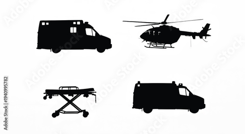 Silhouettes of emergency vehicles and medical equipment on a white background