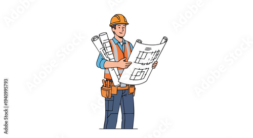 Construction professional examining architectural blueprints and project plans with focused determination and expertise
