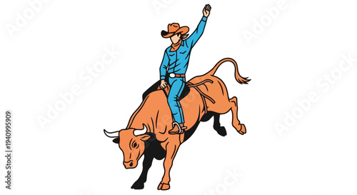 Dynamic Illustration of a Cowboy Riding a Bucking Bull in a Rodeo Competition full of energy and action