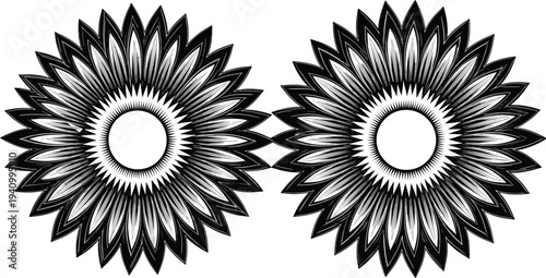 Abstract black mandala flower pattern, symmetrical rosette ornament, vintage geometric floral design, decorative line art illustration isolated background twin circular