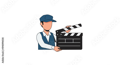 Filmmaker in cap holding a clapboard preparing for action in a minimalistic illustration style with white background