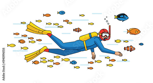 Cartoon diver in blue wetsuit swimming with a school of colorful fish, enjoying an underwater adventure