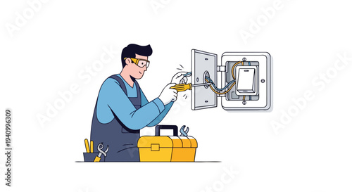 Skilled electrician in protective gear meticulously working on an electrical outlet with tools and a toolbox nearby illustrating professional repair