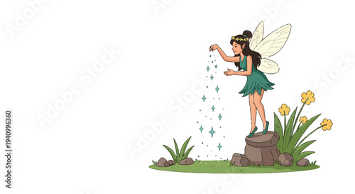 Whimsical fairy casting magical shimmering dust from her hands onto a vibrant green patch of earth with yellow wildflowers nearby