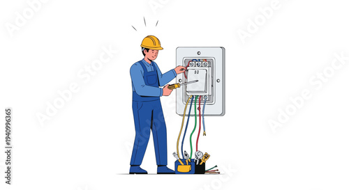 Skilled electrician in hard hat diligently working on electrical panel with colorful wires and tools