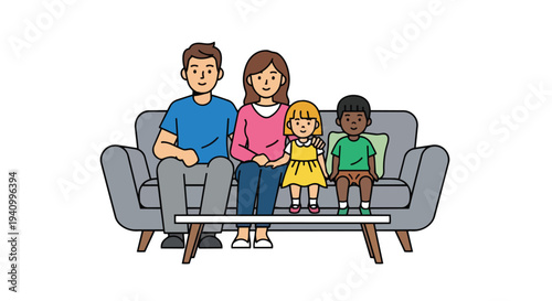 Illustrative representation of a diverse family of four enjoying a moment together while seated on a cozy sofa, a heartwarming scene symbolizing