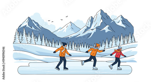 Family with children enjoys ice skating on a frozen mountain lake surrounded by snowy peaks and a dense forest of evergreen trees.