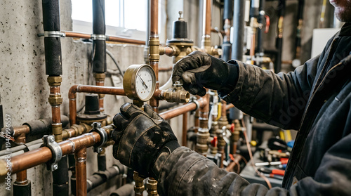 Professional Plumber Inspecting Pressure Gauge on Copper Pipes for Residential Heating System Maintenance and Repair Service