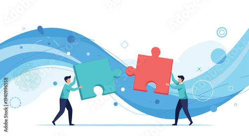 Two focused businessmen work together to connect two large puzzle pieces against a flowing background of abstract blue wave lines.