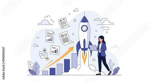 Successful businesswoman works on her laptop as a rocket launches from a growth bar chart representing a thriving startup venture.