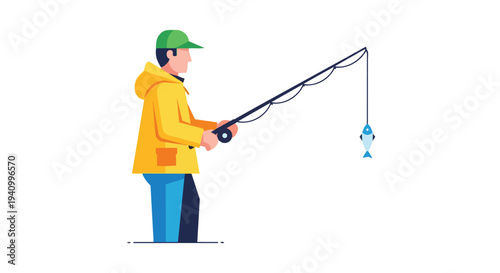 Man in yellow raincoat fishing with a small blue fish on the line, illustrating a successful catch and outdoor hobby