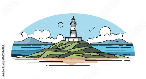 Peaceful coastal scene features a black and white striped lighthouse standing on a grassy island surrounded by blue sea and sky.
