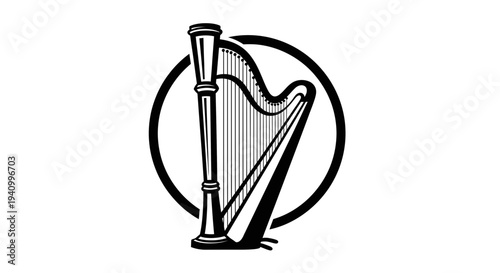 Black and White Harp Illustration Design.