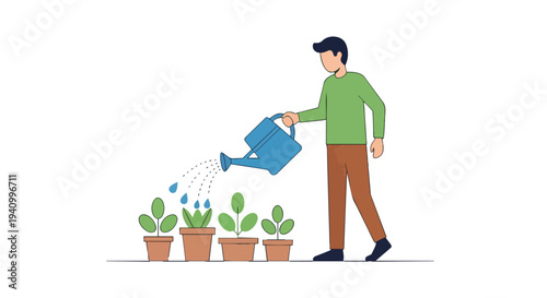 Person tending to potted plants with a watering can, illustrating growth and care in a simple graphic style