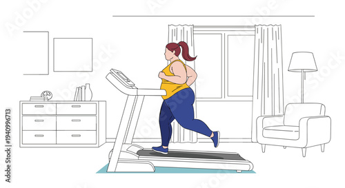 Motivated plus size woman focuses on her fitness journey by running on a treadmill in her bright and well furnished home environment.