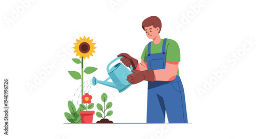 Person tending to plants with watering can, fostering growth and nurturing nature in a simple illustration