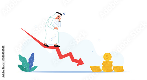 Stressed Arab man in traditional clothing walks down a falling red market arrow towards small piles of gold coins and money loss.