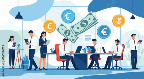 Focused business team works in a modern office environment while various currency symbols and banknotes float around the workspace.