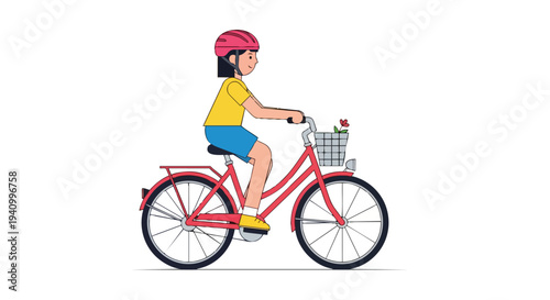 Joyful young person in helmet cycles a vibrant red bicycle with a flower-filled basket across a clean white background, capturing a moment of