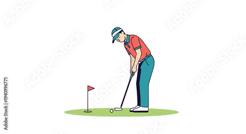 Cartoon golfer in action concentrating on a precise putt towards the hole on a green grass surface with a flag marking the target zone