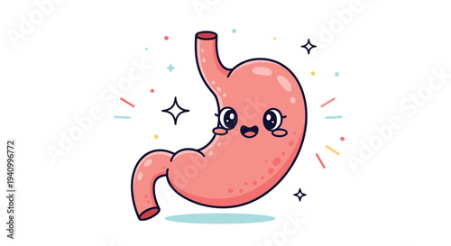 Adorable cartoon illustration of a healthy human stomach character with a happy face and sparkling elements on a clean background.
