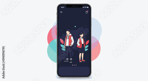 Modern smartphone displays a creative mobile app interface featuring stylized illustrations of a teenage boy and girl in red vests.