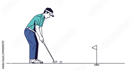 Stylized illustration of a golfer in mid-stroke preparing to putt on a green with a flag and hole in the distance
