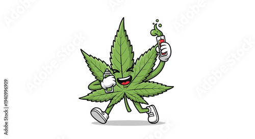 Cheerful cartoon cannabis leaf character runs happily while holding two small bottles filled with a mysterious green liquid extract.