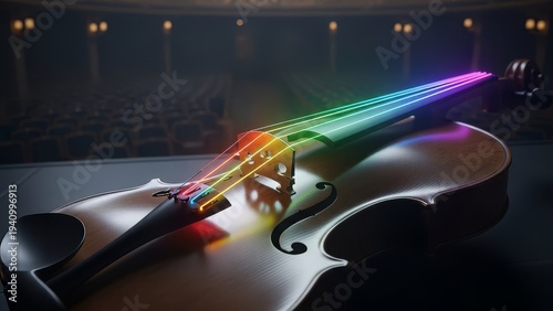 Vibrant rainbow light illuminates violin strings on a dimly lit stage, evoking creativity and passion.