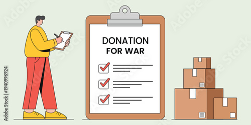 Humanitarian Aid: A person meticulously documents donations, standing before a stack of boxes and a sign promoting support for victims of conflict.