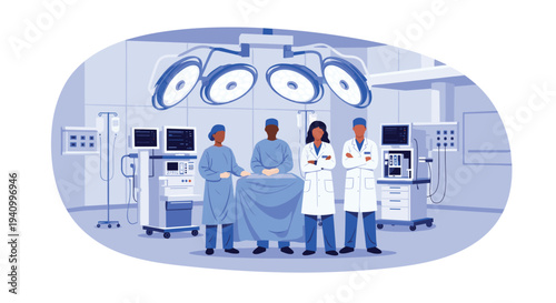 Team of professional surgeons and medical staff in blue scrubs stand ready in a high tech operating room with advanced lighting equipment.