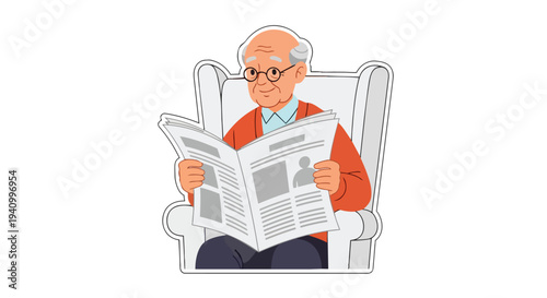 Animated elderly gentleman relaxing comfortably in an armchair while intently reading the daily newspaper, a scene of peaceful contemplation and