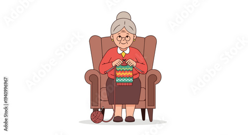 Charming animated depiction of a cheerful elderly woman comfortably knitting a colorful garment while seated in an armchair, embodying a sense of