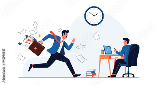 Stressed businessman in a blue suit runs through the office while his calm colleague continues working at his desk near a large clock.
