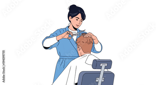 Artistic depiction of a skilled barber carefully trimming a client's hair with scissors in a modern salon setting