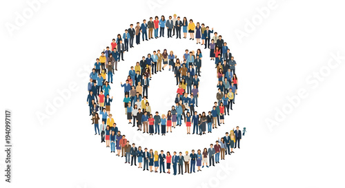 Large crowd of diverse people are uniquely organized to form the shape of an at symbol representing global email and online community.