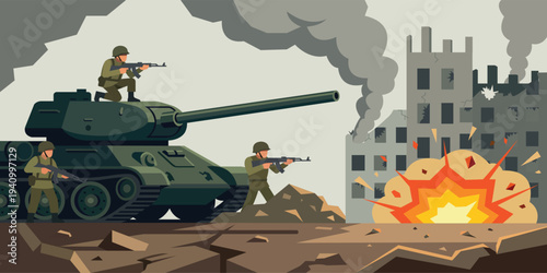 War Zone in Battlefield: Illustration captures soldiers maneuvering amidst a war-torn environment with a tank and an explosion near a crumbling structure.
