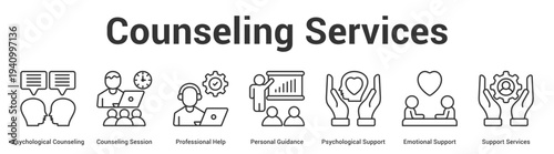 Counseling Services web banner icon set vector illustration concept for business with icon of Psychological Counseling, Counseling Session, Professional Help, Personal Guidance, Psychological Suppo.
