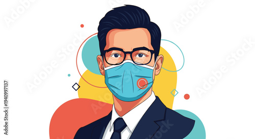 Professional man wearing a dark suit and glasses looks ahead while wearing a protective blue surgical face mask for health safety.
