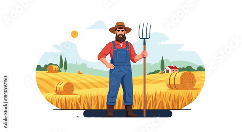 Proud bearded farmer wearing denim overalls and a hat stands in a golden wheat field while holding a pitchfork on a sunny harvest day.