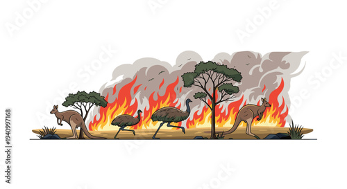 Australian wild animals including kangaroos and emus flee for their lives from a terrifying forest fire with huge flames and smoke.