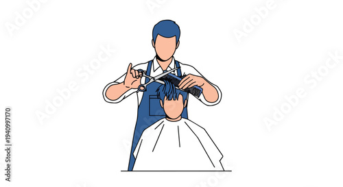 Stylist skillfully shaping a person's hair with scissors and comb in a clean line art illustration style