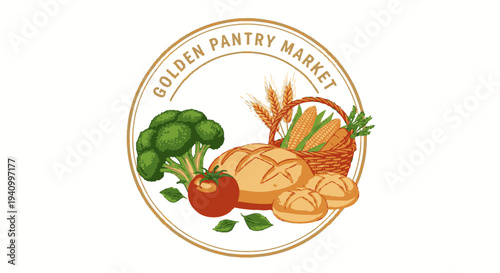 Golden Pantry Market Food Illustration Logo.
