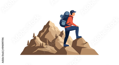 Adventurous Hiker Ascends Rugged Mountain Peaks Symbolizing Exploration and Achievement