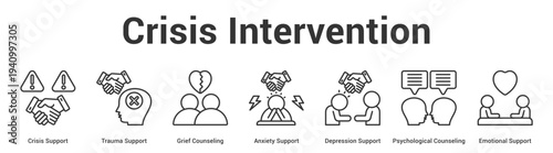 Crisis Intervention web banner icon set vector illustration concept for business with icon of Crisis Support, Trauma Support, Grief Counseling, Anxiety Support, Depression Support, Psychologi.